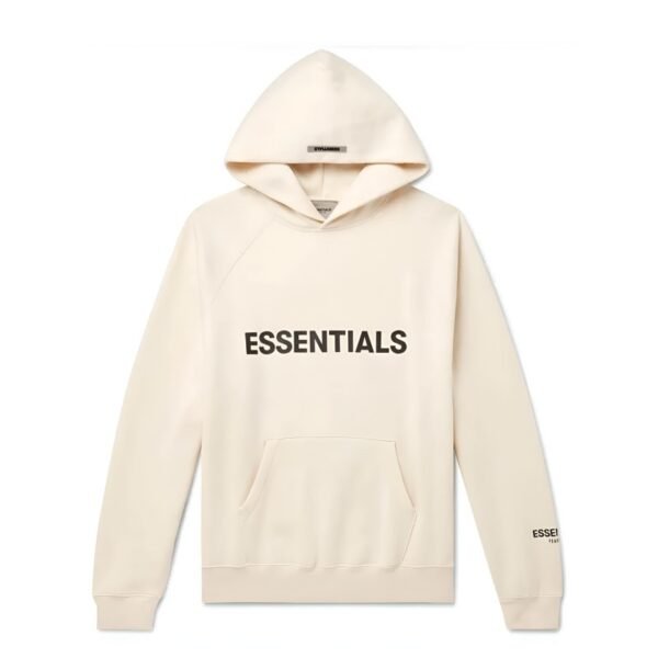 A white hoodie featuring the word "Essentials" prominently displayed on the front.