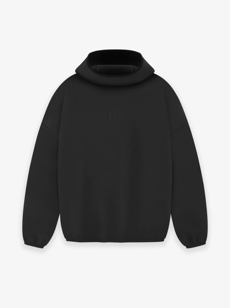 Black Fear of God Essentials Athletics hoodie made of suede fleece, featuring a classic hooded design.